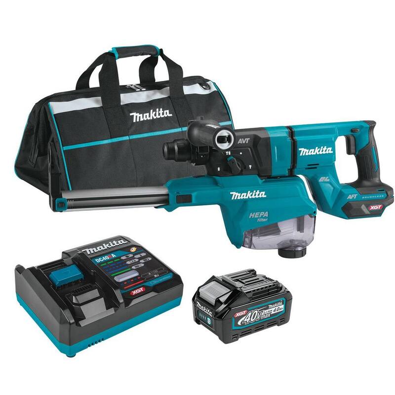 Kit de martillo rotativo sin escobillas Makita 40V max XGT de 1-1/8 pulgadas con extractor de polvo, AFT (4.0Ah) con bonito molinillo angular sin escobillas XGT de 5 pulgadas - GRH07M1W-GAG13Z