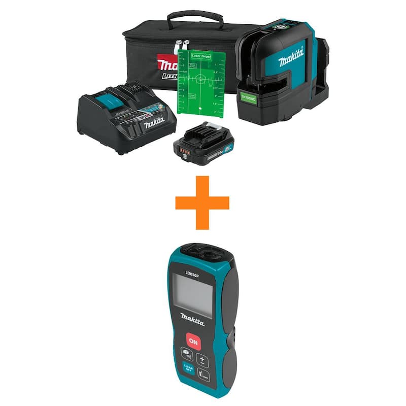 Kit de láser verde autorregulable en cruz de 12V max CXT de Makita (2.0 Ah) y medidor de distancia láser de 164 ft. - SK105GDNAX-LD05
