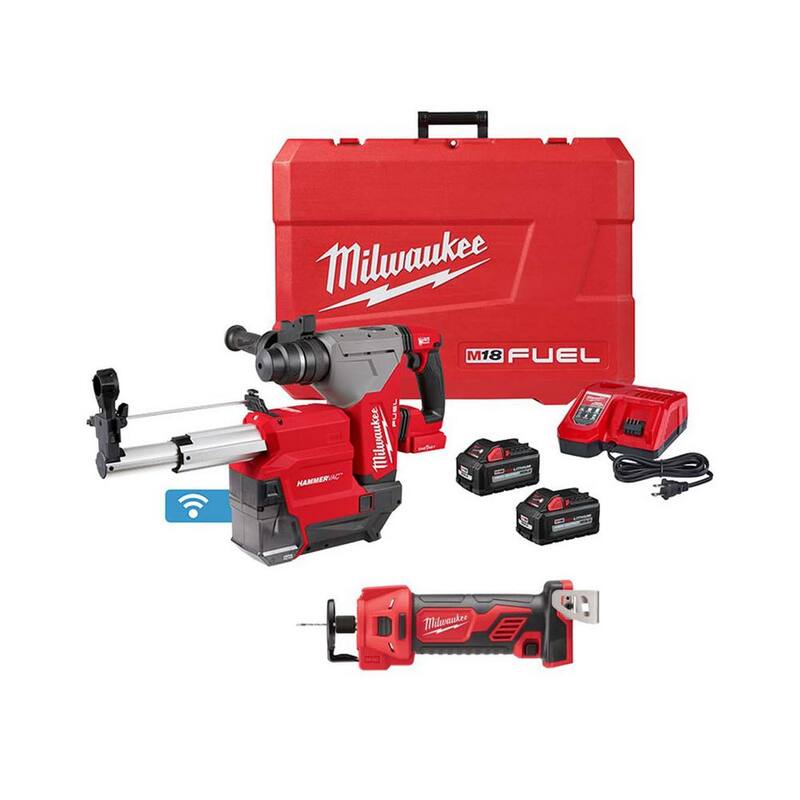 Milwaukee M18 FUEL 18V Lithium-Ion Brushless 1-1/8 in. Martillo rotativo inalámbrico SDS-Plus con extractor de polvo y kit de herramienta rotativa de corte - 2915-22DE-2627-20