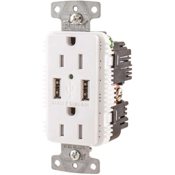 Hubbell Wiring Device-Kellems Hubbell Wiring 15A Tomacorriente Dúplex con Puerto USB Resistente a Manipulaciones, Blanco - USB15A5W