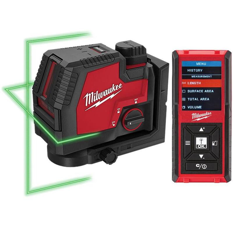 Milwaukee 100 ft. Nivel láser de línea cruzada recargable con USB y tecnología REDLITHIUM de iones de litio en color verde con cargador y medidor de distancia láser - 3521-21-48-22-9802