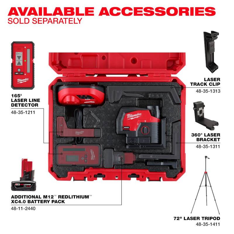 Kit de nivel láser Milwaukee M12 de 12 volts de 125 ft. con líneas cruzadas y puntos de plomada verde inalámbrico de iones de litio con 3 baterías y trípode - 3622-21-48-11-2412-48-35-1411