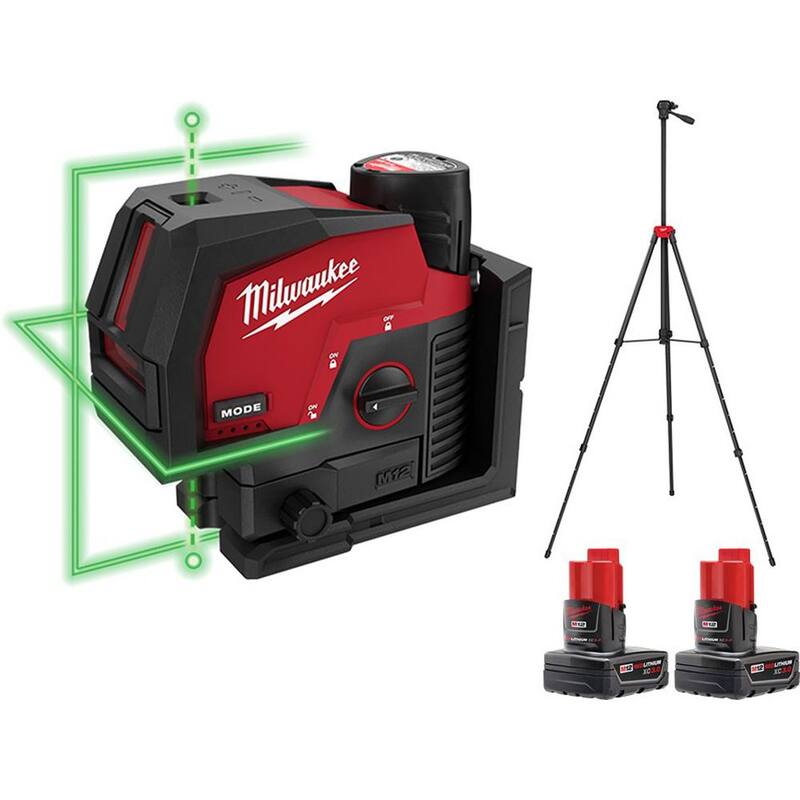 Kit de nivel láser Milwaukee M12 de 12 volts de 125 ft. con líneas cruzadas y puntos de plomada verde inalámbrico de iones de litio con 3 baterías y trípode - 3622-21-48-11-2412-48-35-1411