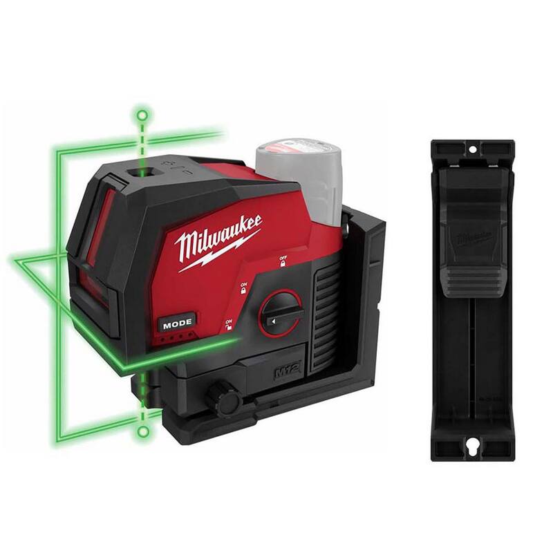 Milwaukee M12 Nivel láser de línea cruzada y puntos de plomada verde inalámbrico de 12 voltios de 125 pies con clip de riel (2 piezas) - 3622-20-48-35-1313