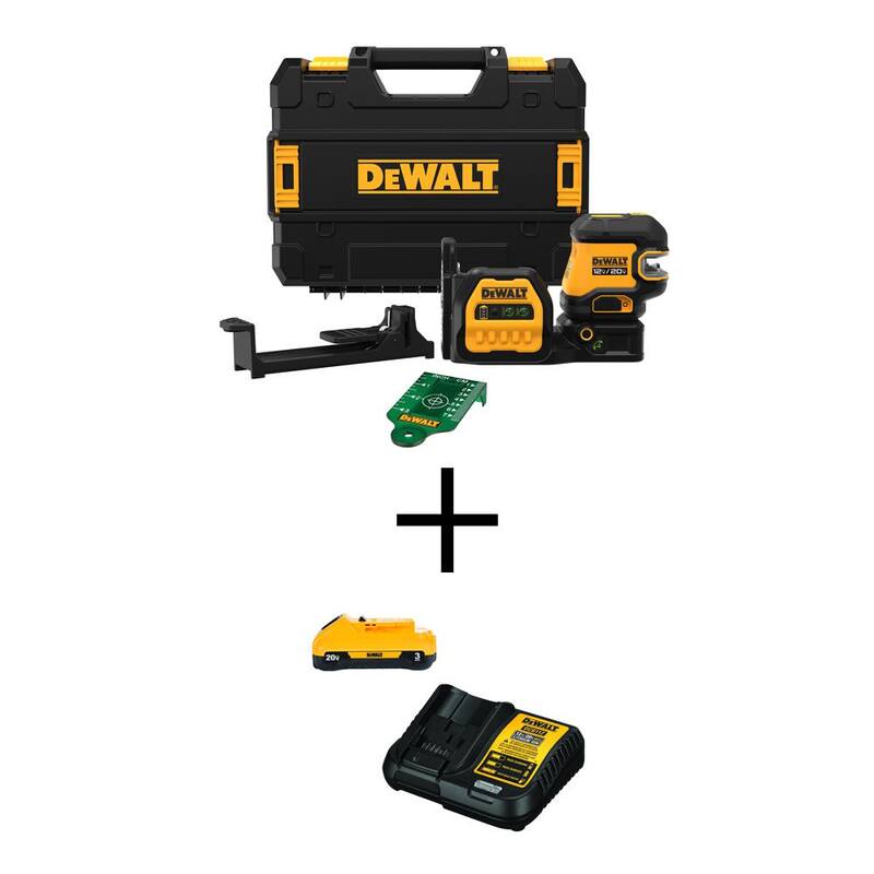 Nivel láser de línea cruzada verde inalámbrico DEWALT 20V MAX de 280 pies con batería compacta de 3.0 Ah y cargador de 12V a 20V MAX - DCLE34520GBW30C