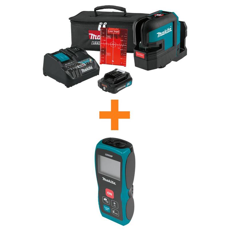 Juego de láser rojo de línea cruzada auto-nivelante Makita 12V max CXT (2.0 Ah) y medidor de distancia láser de 164 pies - SK105DNAX-LD050