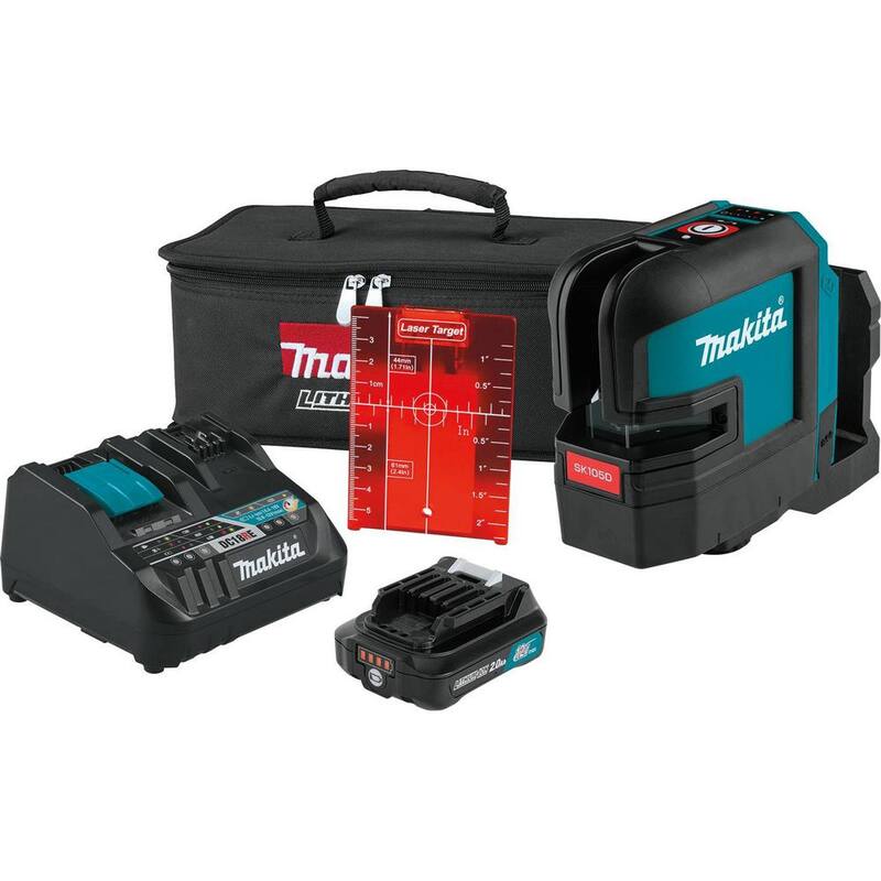 Juego de láser rojo de línea cruzada auto-nivelante Makita 12V max CXT (2.0 Ah) y medidor de distancia láser de 164 pies - SK105DNAX-LD050