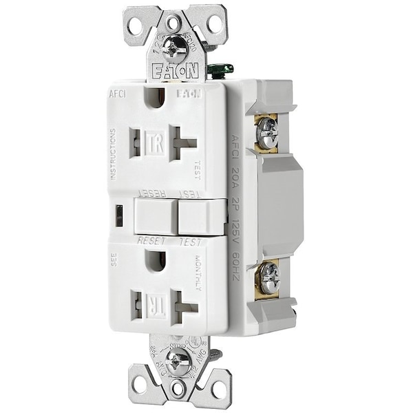 Receptáculo AFCI Eaton Wiring Devices, 2 polos, 20 A, 125 V, cableado posterior y lateral, NEMA: 5-20R, blanco - TRAFCI20W
