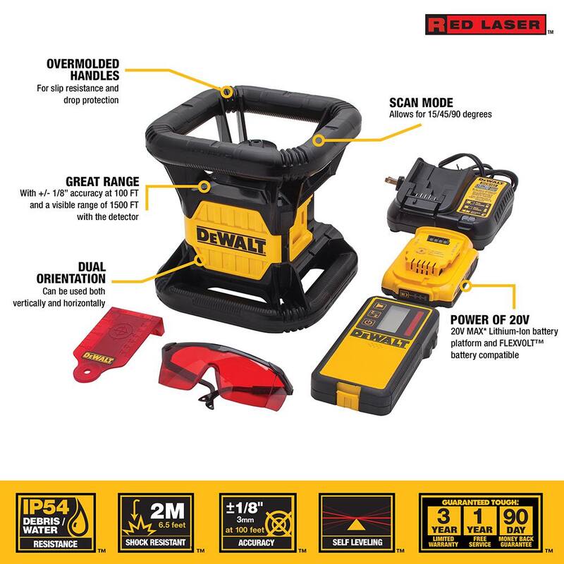 Nivel láser rotativo autonivelante DEWALT 20V MAX de 150 pies de alcance con detector, batería de 2.0Ah, cargador y maletín TSTAK - DW074LR