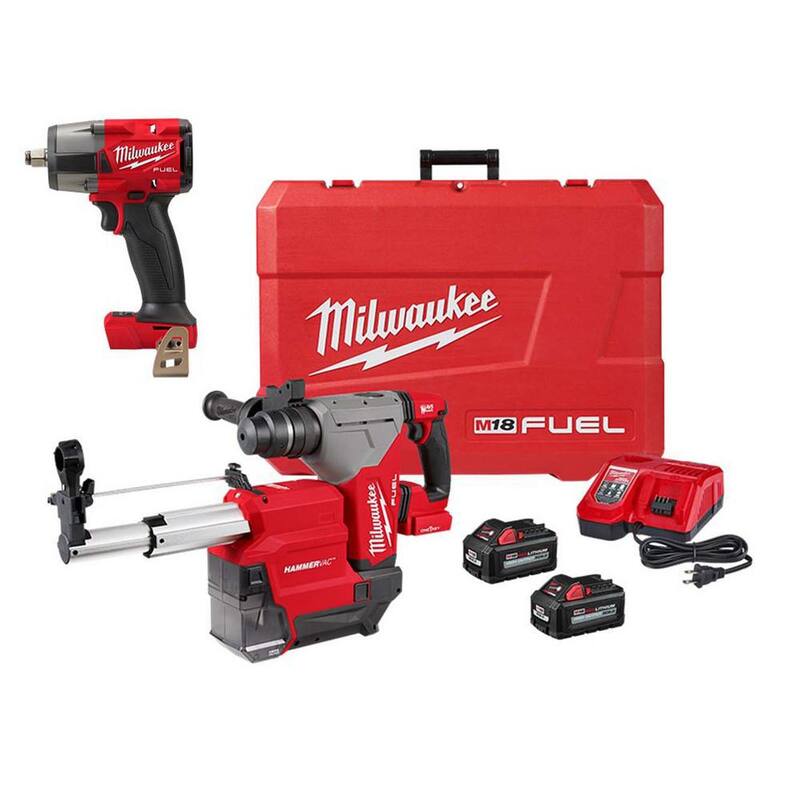 Milwaukee M18 FUEL 18V Lithium-Ion Brushless 1-1/8 pulgadas Llave de impacto inalámbrica con martillo rotativo SDS-Plus y kit de extensión de polvo FUEL 1/2 pulgadas - 2915-22DE-2962-20.