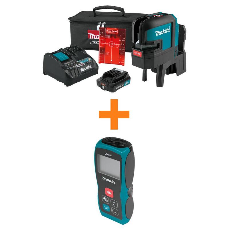 Kit de láser de nivelación automática de líneas cruzadas/puntos rojos Makita 12V max CXT (2.0 Ah) y medidor de distancia láser de 164 pies - SK106DNAX-LD050