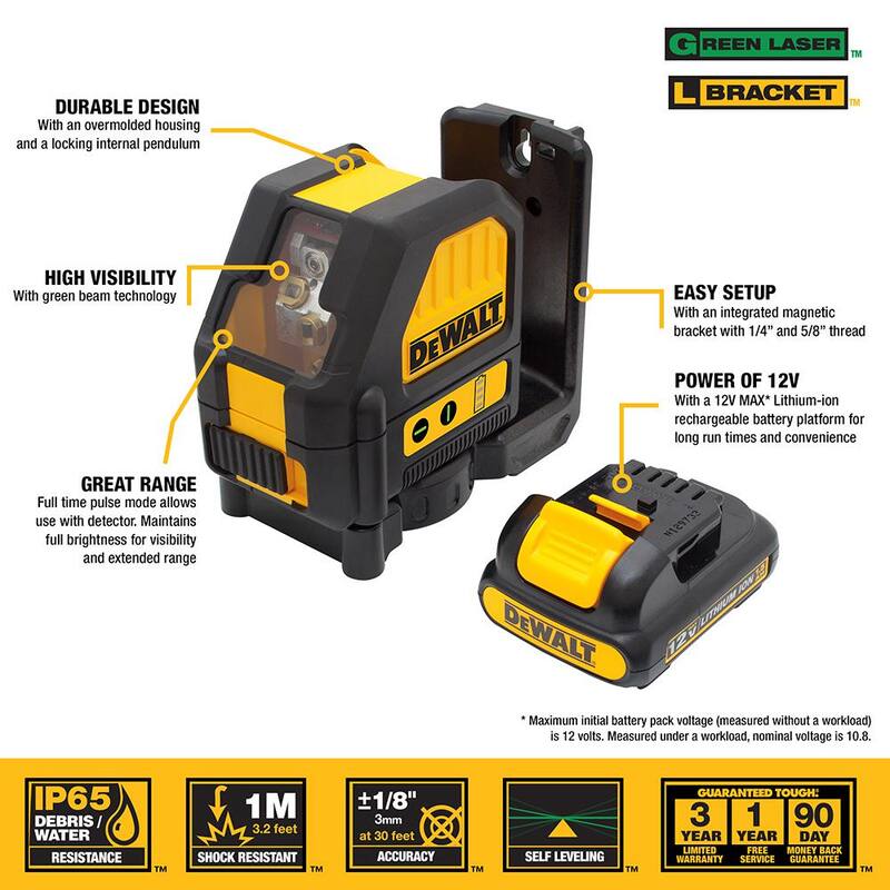 Kit nivel láser de línea cruzada autonivelante DEWALT 12V MAX de 165 pies de longitud con almacenamiento para piezas pequeñas y herramientas - DW088LGWST17804