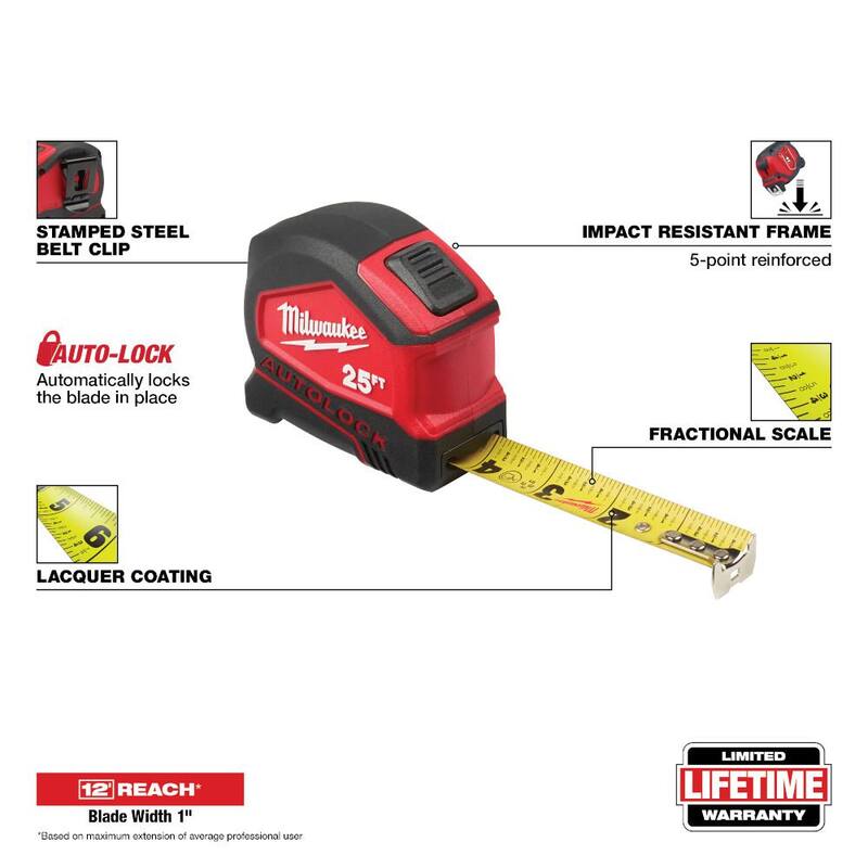 Milwaukee Cinta Métrica Compacta de Bloqueo Automático de 25 pies con Escala Fraccional y 9 pies de Alcance - 48-22-6825