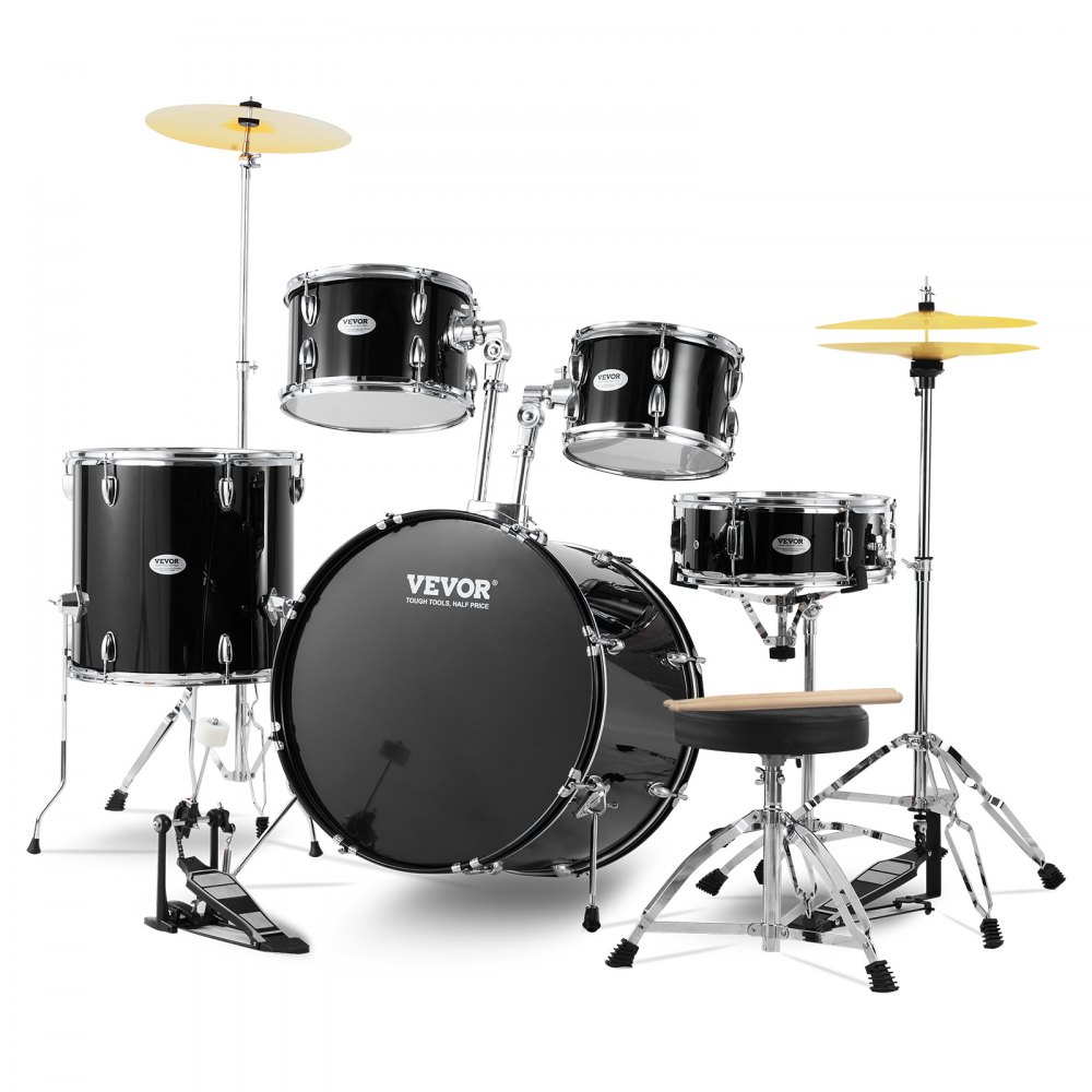 VEVOR Adult Drum Set, 5-Piece, 22 inches Complete Full Size Drum Kit with Bass Toms Snare Floor Drum Adjustable Throne Stands Cymbal Hi-Hat Pedal and Drumsticks, Beginner Drum Kit for Adults, Black - WJTJZG5JT22HFIWG5V0