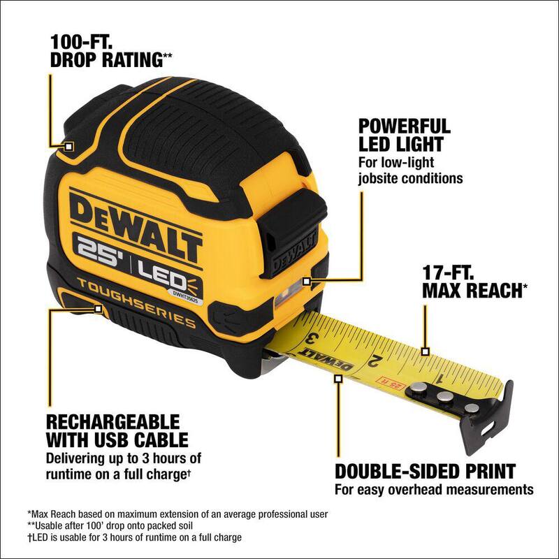Cinta métrica de 25 pies con luz LED recargable - DWHT35625S