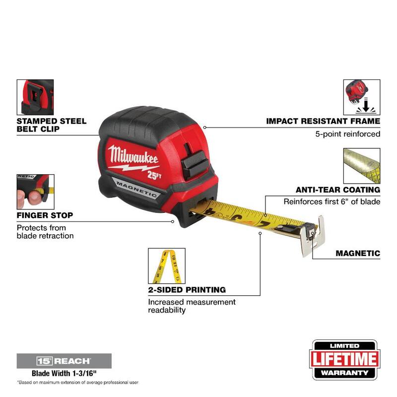 Milwaukee Cinta Métrica Magnética Compacta de 25 pies x 1-1/16 pulgadas con alcance de 15 pies - 48-22-0325