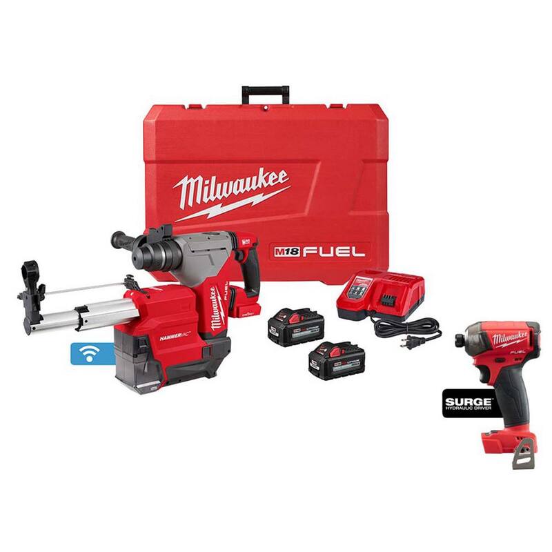 Milwaukee M18 FUEL 18V Litio-Ion sin escobillas 1-1/8 pulg. Martillo rotativo SDS-Plus inalámbrico/Kit extractor de polvo con controlador de impacto SURGE - 2915-22DE-2760-20