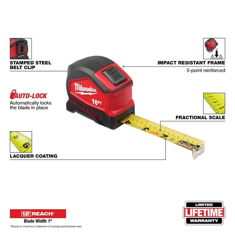 Milwaukee Cinta Métrica Compacta Auto Lock de 16 pies con Escala Fraccionada y 9 pies de Resistencia - 48-22-6816