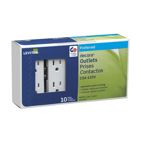 Eaton Wiring Devices Leviton Decora 15 amps 125 V Dúplex Blanco Salida 5-15R 10 paquetes - 05325-WMP