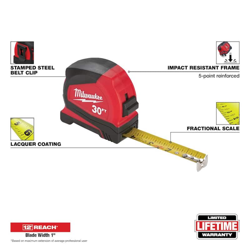 Cinta métrica de 30 pies Milwaukee Compact con escala fraccionaria y 9 pies de alcance - 48-22-6630.