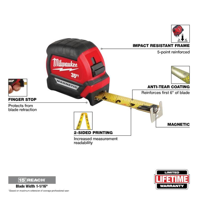 Milwaukee 35 pies x 1-1/16 pulgadas Cinta métrica magnética compacta con alcance de 15 pies - 48-22-0335