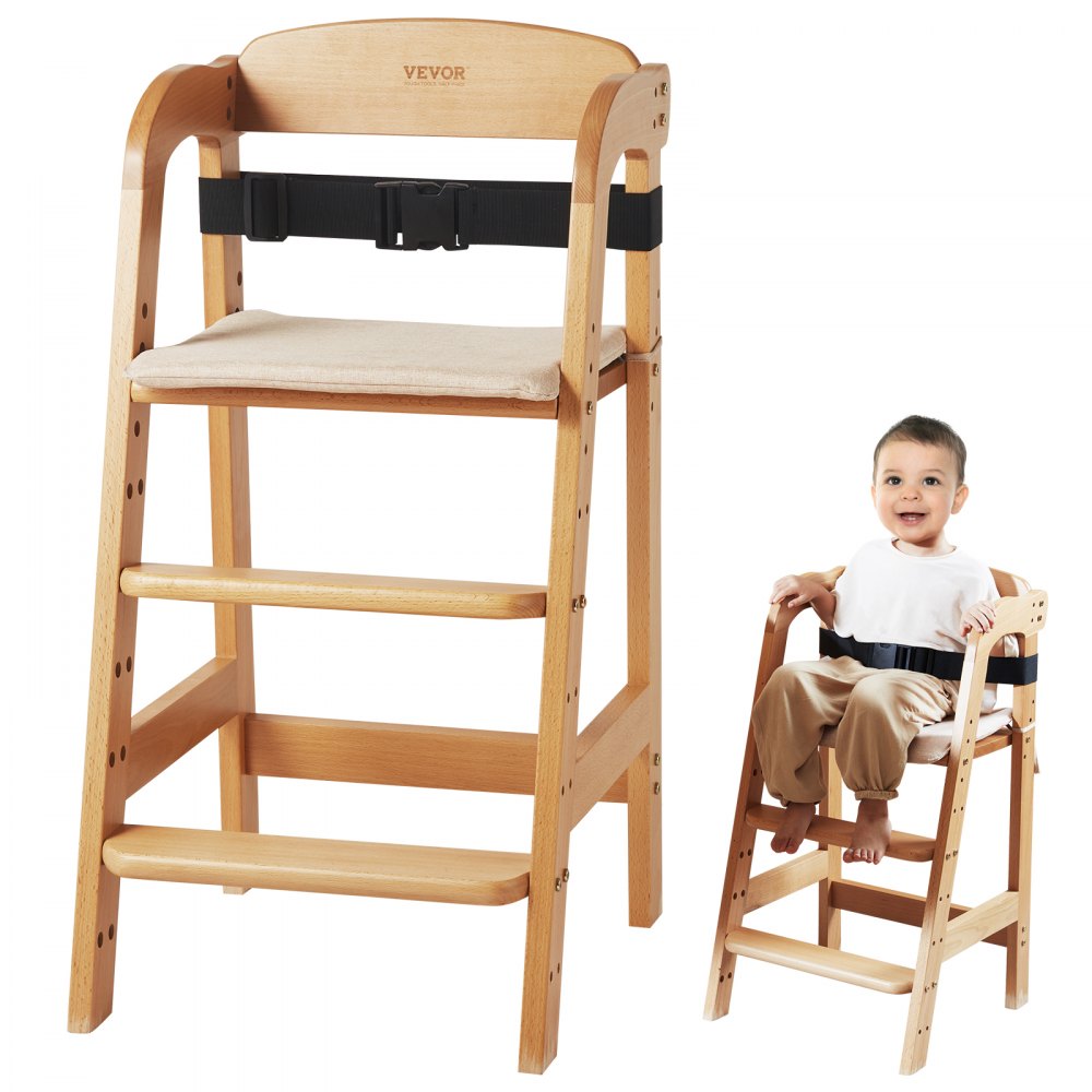 VEVOR Wooden High Chair for Babies & Toddlers, Convertible Adjustable Feeding Chair, Eat & Grow High Chair with Seat Cushion, Portable Baby Dining Booster Seat, Beech Wood Toddler Chair, Natural - GJBBDJMKDGDKFXBASV0