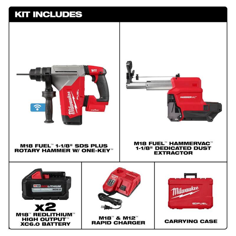 Kit de martillo rotativo inalámbrico SDS-Plus de 1-1/8 pulgadas con extractor de polvo y herramienta multiusos oscilante Milwaukee M18 FUEL 18V Lithium-Ion - 2915-22DE-2836-20.