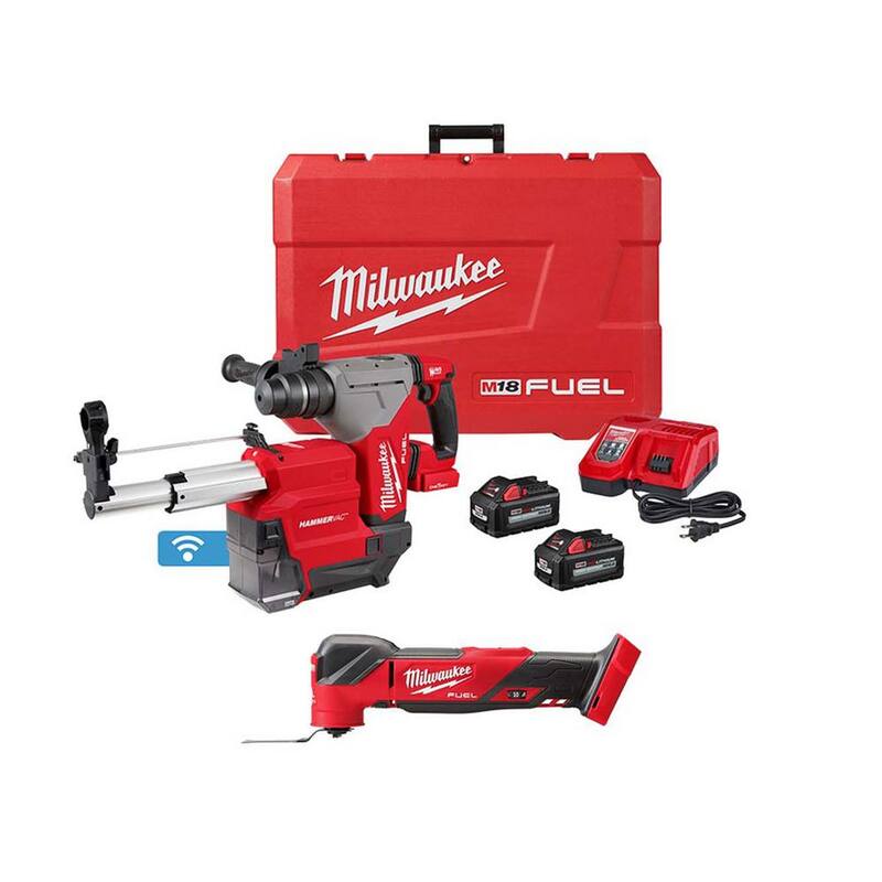 Kit de martillo rotativo inalámbrico SDS-Plus de 1-1/8 pulgadas con extractor de polvo y herramienta multiusos oscilante Milwaukee M18 FUEL 18V Lithium-Ion - 2915-22DE-2836-20.