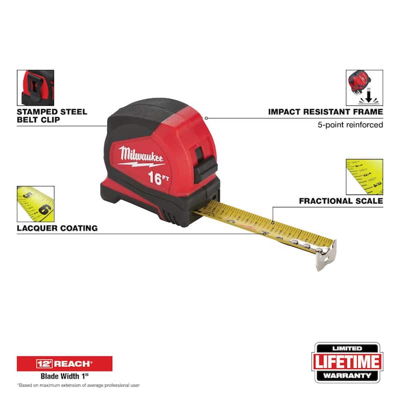 Cinta métrica Milwaukee compacta de 16 pies con escala fraccional y 8 pies de alcance destacado - 48-22-6616