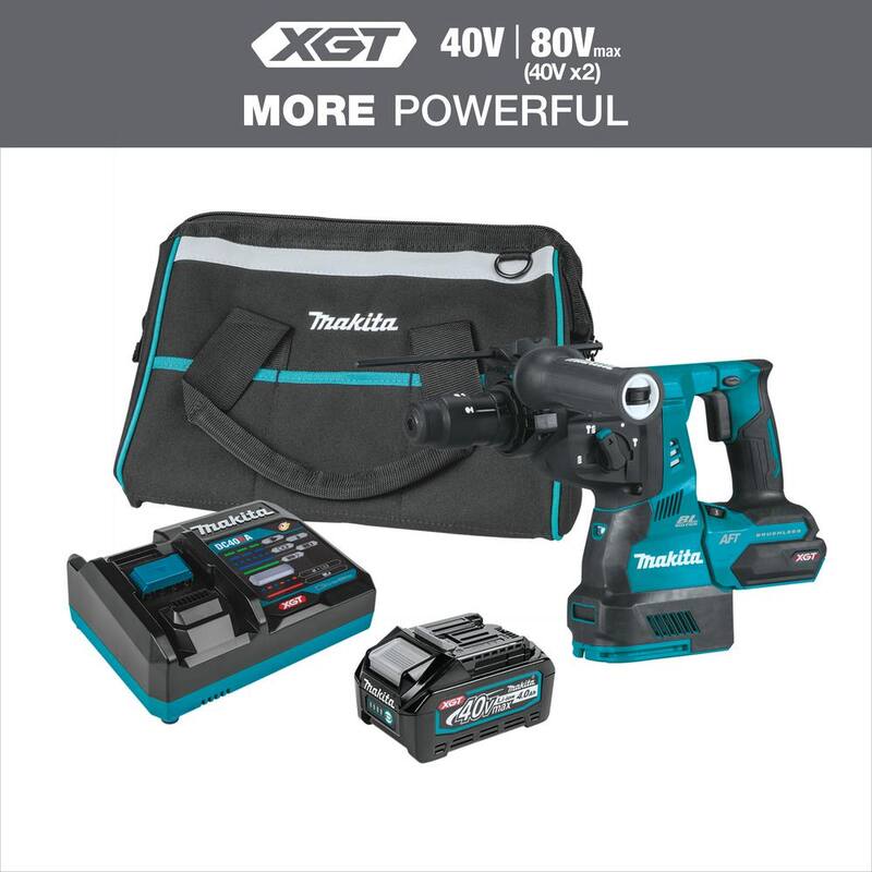 Martillo rotativo inalámbrico Makita 40V Max XGT sin escobillas de 1-1/8 pulgadas, con kit de cincelado intercambiable AWS Capable (4.0Ah) - GRH02M1