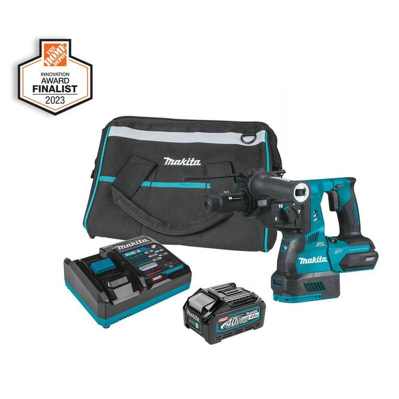 Martillo rotativo inalámbrico Makita 40V Max XGT sin escobillas de 1-1/8 pulgadas, con kit de cincelado intercambiable AWS Capable (4.0Ah) - GRH02M1