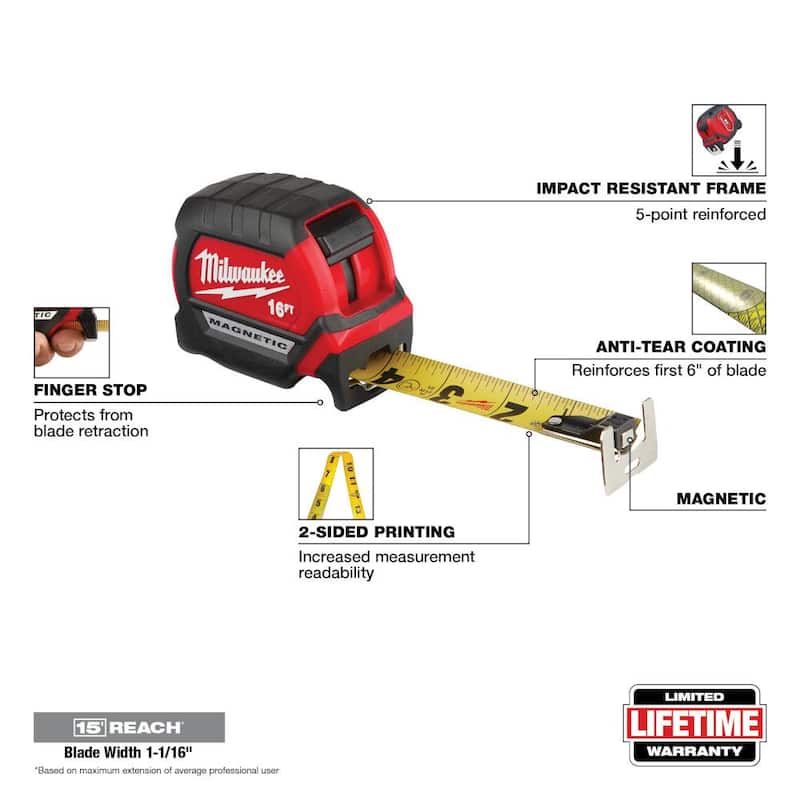 Milwaukee Cinta Métrica Magnética Compacta de 16 pies x 1-1/16 pulgadas con Alcance de 15 pies - 48-22-0316