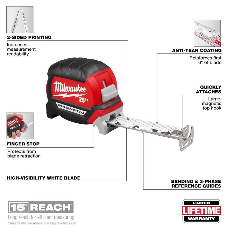 Milwaukee 25 ft. Cinta Métrica Magnética Compacta de Hoja Ancha para Electricistas - 48-22-0327