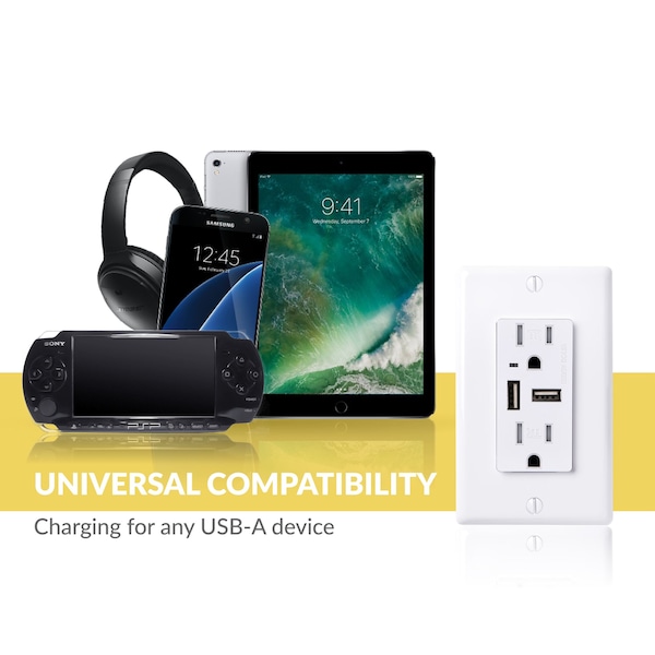 Combinación de tomacorriente USB de 4.6A y receptáculo de 15A TR, blanco, paquete de 10 - USB46-WH-10