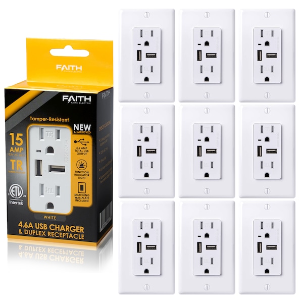 Combinación de tomacorriente USB de 4.6A y receptáculo de 15A TR, blanco, paquete de 10 - USB46-WH-10