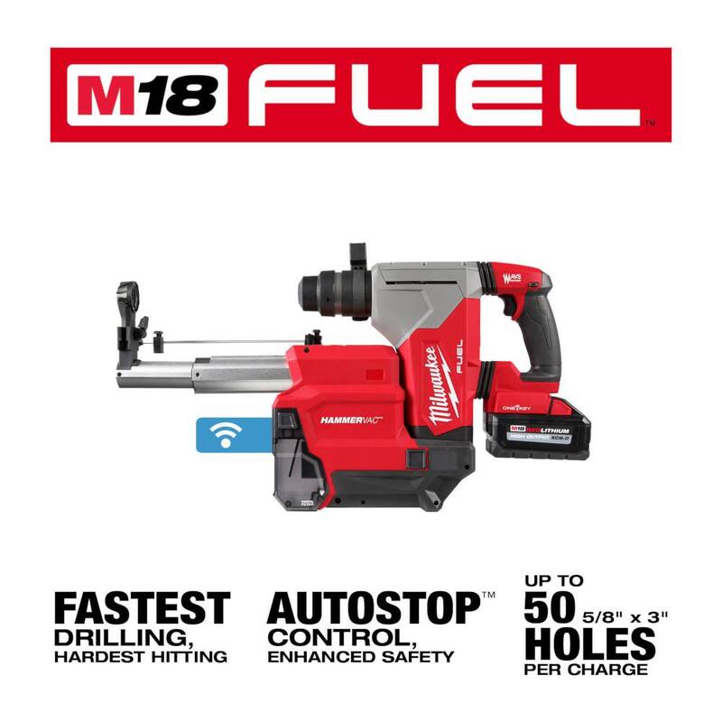 Martillo rotativo inalámbrico Milwaukee M18 FUEL 18V de 1-1/8 pulgadas con tecnología Brushless Lith-Ion SDS-Plus, con 2 baterías y llave de impacto M18 FUEL - 2915-22DE-2855-20.
