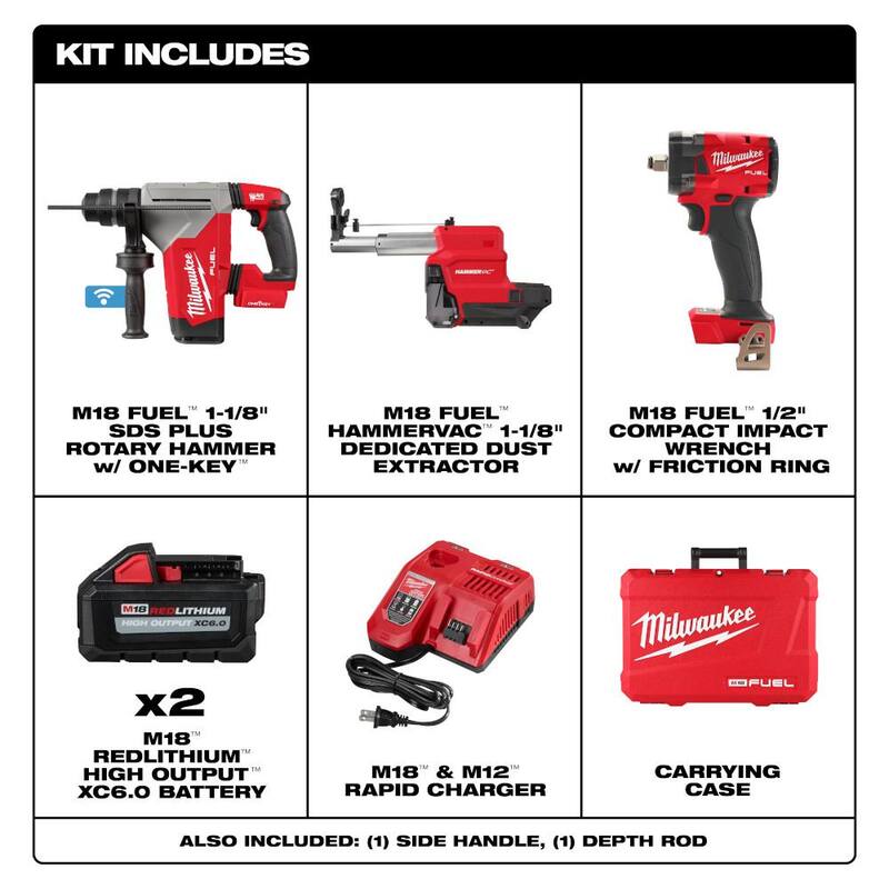 Martillo rotativo inalámbrico Milwaukee M18 FUEL 18V de 1-1/8 pulgadas con tecnología Brushless Lith-Ion SDS-Plus, con 2 baterías y llave de impacto M18 FUEL - 2915-22DE-2855-20.