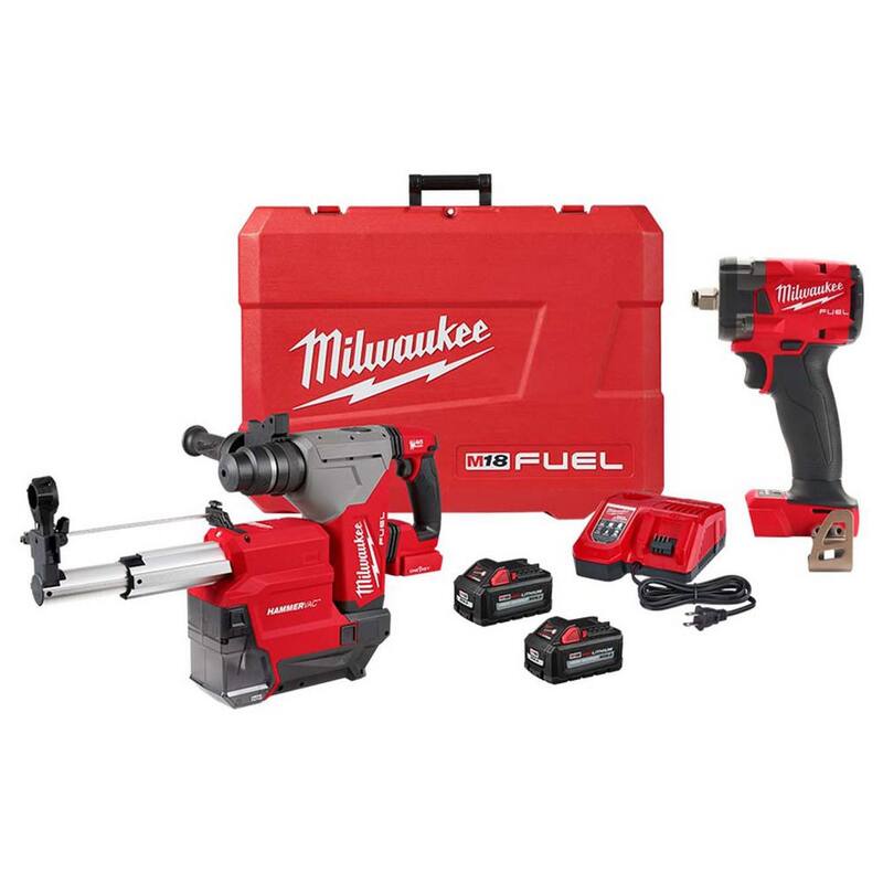 Martillo rotativo inalámbrico Milwaukee M18 FUEL 18V de 1-1/8 pulgadas con tecnología Brushless Lith-Ion SDS-Plus, con 2 baterías y llave de impacto M18 FUEL - 2915-22DE-2855-20.