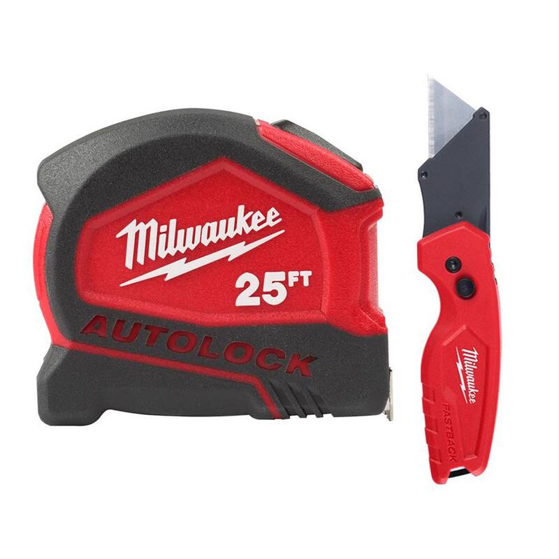 Cinta métrica automática Milwaukee de 25 pies con bloqueo automático compacto y cuchillo de utilidad plegable FASTBACK compacto - 48-22-6825-48-22-1500