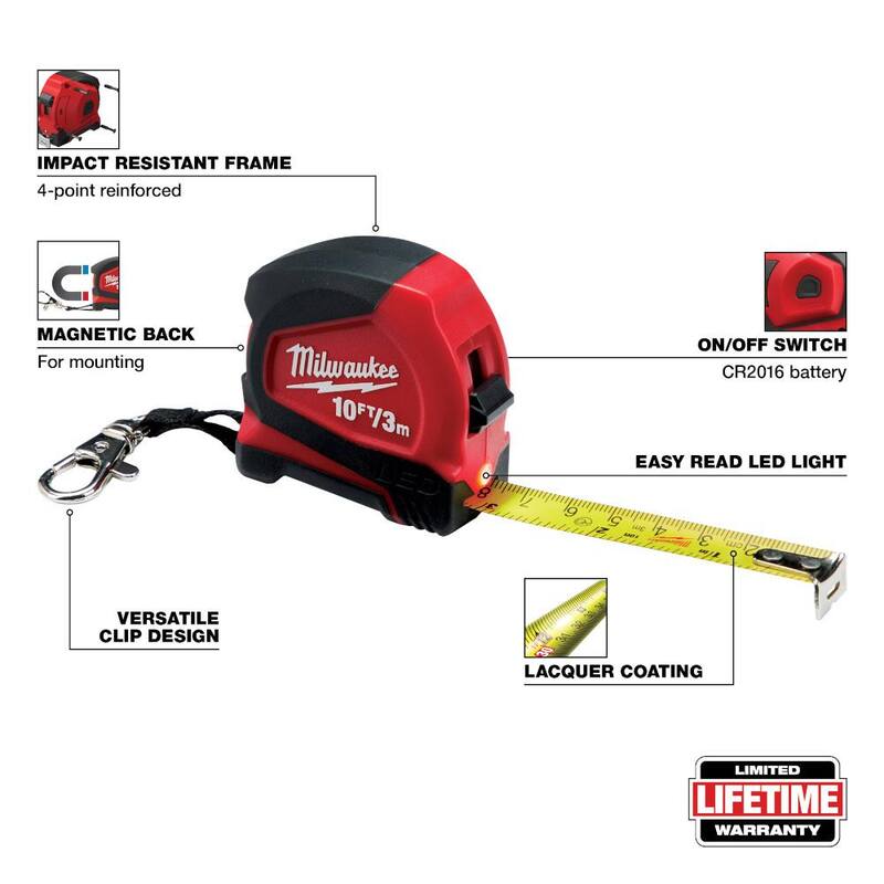 Milwaukee Cinta Métrica de Llavero de 10 pies con Luz LED - 48-22-6601