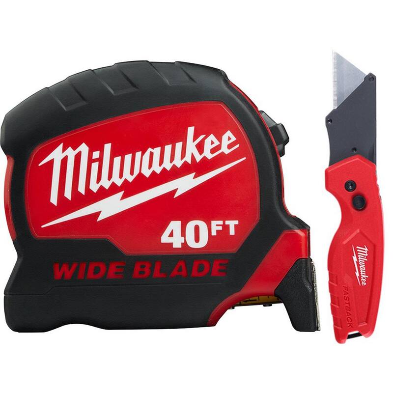 Milwaukee 40 pies x 1.3 pulgadas Cinta métrica de hoja ancha con alcance de 17 pies y navaja de utilidad plegable compacta FASTBACK - 48-22-0240-48-22-1500.