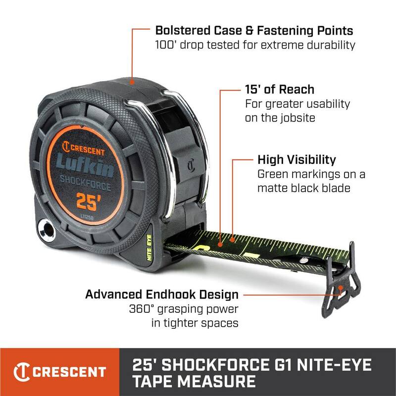 Cinta métrica de doble cara Crescent Lufkin 1-3/16 in. x 25 ft. Shockforce Nite Eye G1 - L1125B-02