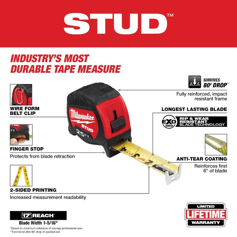 Milwaukee 25 pies x 1-5/16 pulgadas Gen II STUD Cinta métrica con alcance de 17 pies - 48-22-9725.