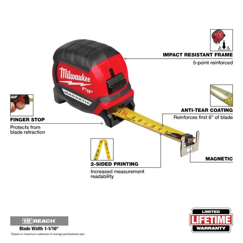 Milwaukee 8 m/26 ft. x 1-1/16 in. Cinta métrica magnética compacta con alcance de 15 ft. - 48-22-0326