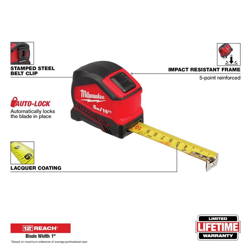 Cinta métrica de bloqueo automático compacta de 5 metros/16 pies de Milwaukee - 48-22-6817
