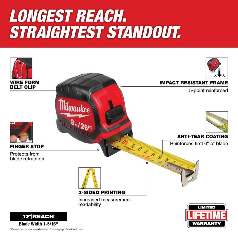 Cinta métrica con hoja ancha de 8 m / 26 ft y 1-5/16 pulgadas de Milwaukee con alcance de 17 ft - 48-22-0226