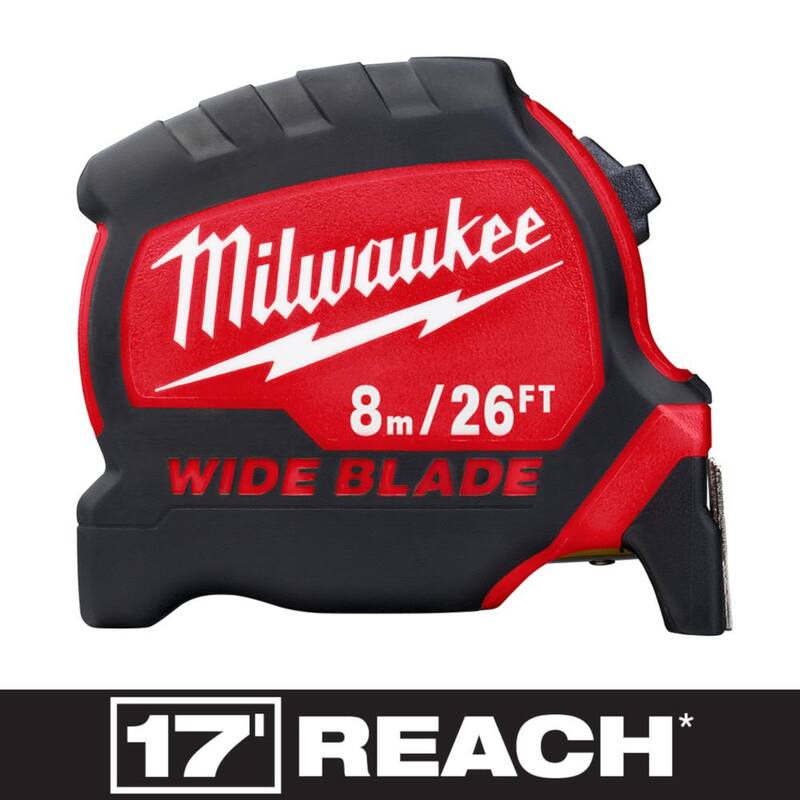 Cinta métrica con hoja ancha de 8 m / 26 ft y 1-5/16 pulgadas de Milwaukee con alcance de 17 ft - 48-22-0226