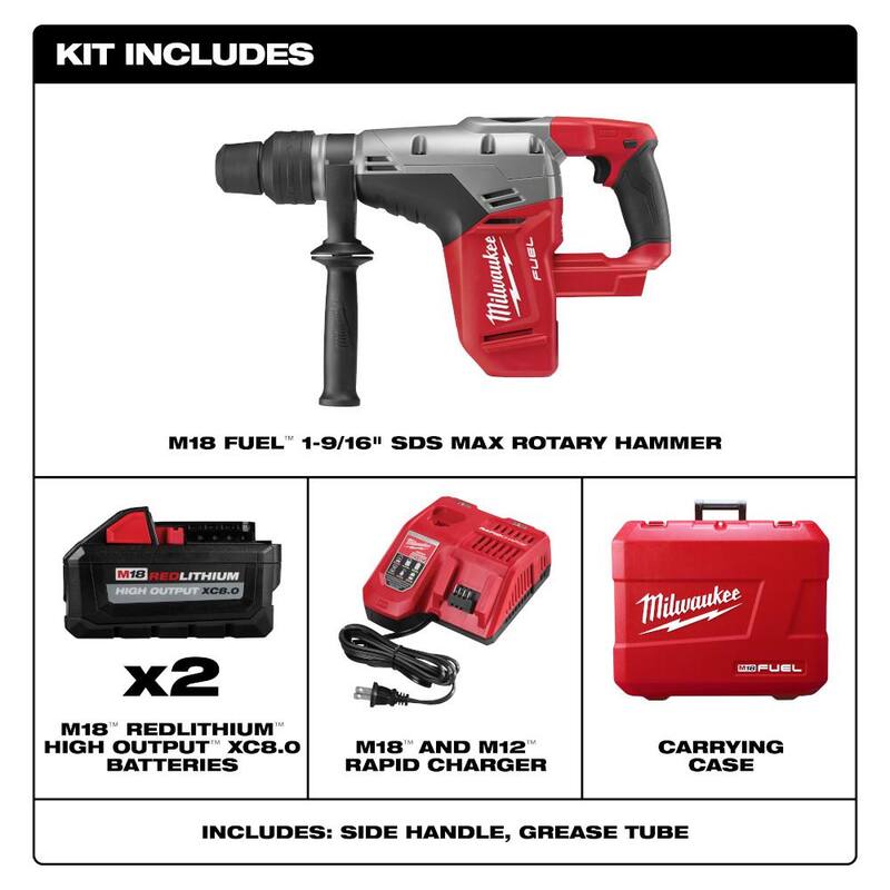 Martillo rotativo inalámbrico Milwaukee M18 FUEL 18V de 1-9/16 pulgadas con tecnología de iones de litio sin escobillas SDS-Max Kit con dos baterías de 8.0Ah y estuche rígido - 2717-22HD