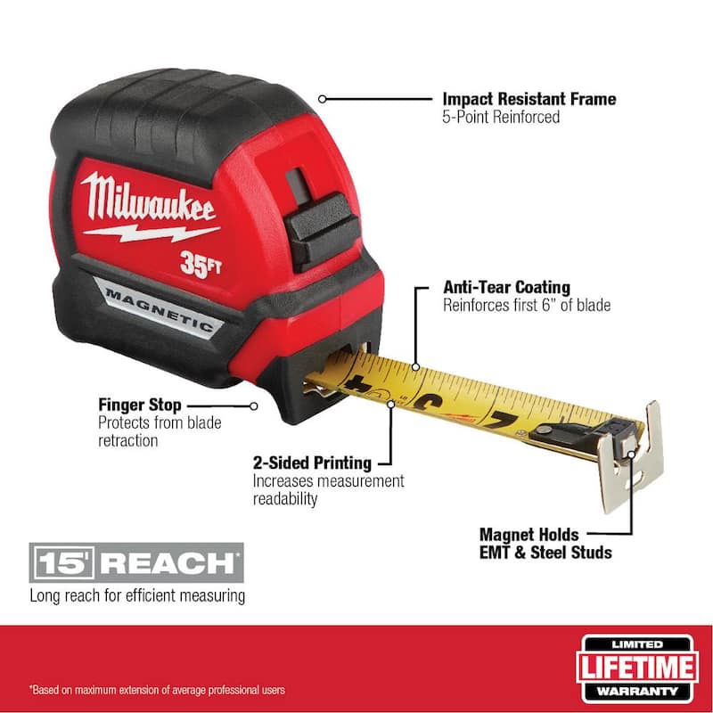 Milwaukee Cinta Métrica Magnética Compacta de 35 pies x 1 pulgada con alcance de 15 pies y Cuchillo Utilitario Plegable FASTBACK Compacto - 48-22-0335-48-22-1500