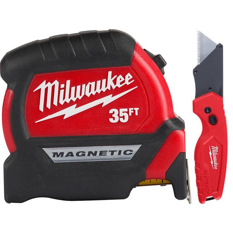 Milwaukee Cinta Métrica Magnética Compacta de 35 pies x 1 pulgada con alcance de 15 pies y Cuchillo Utilitario Plegable FASTBACK Compacto - 48-22-0335-48-22-1500